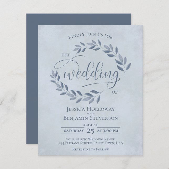 Rustic Leaves Dusty Blue BUDGET Wedding Invite (Front/Back)