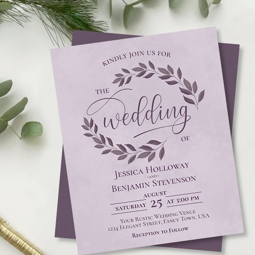 Rustic Leaves Dusty Purple BUDGET Wedding Invite