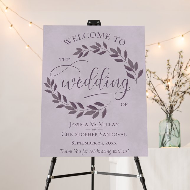 Rustic Leaves Dusty Purple & Plum Wedding Welcome Foam Board (In Situ (Stand))