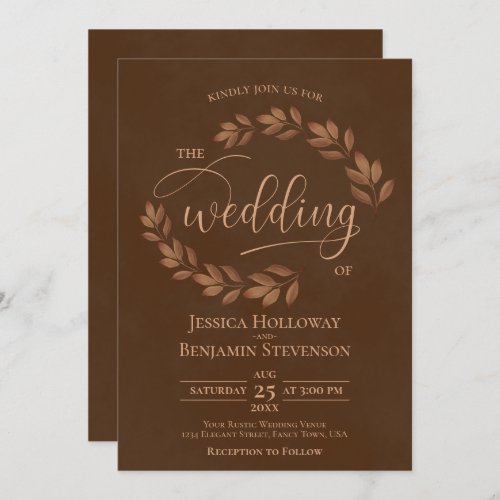 Rustic Leaves Elegant Chestnut Brown Wedding Invitation