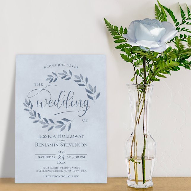 Rustic Leaves Elegant Dusty Blue Wedding Invitation (Creator Uploaded)