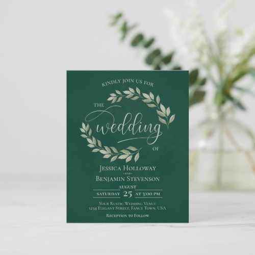 Rustic Leaves Emerald Green BUDGET Wedding Invite