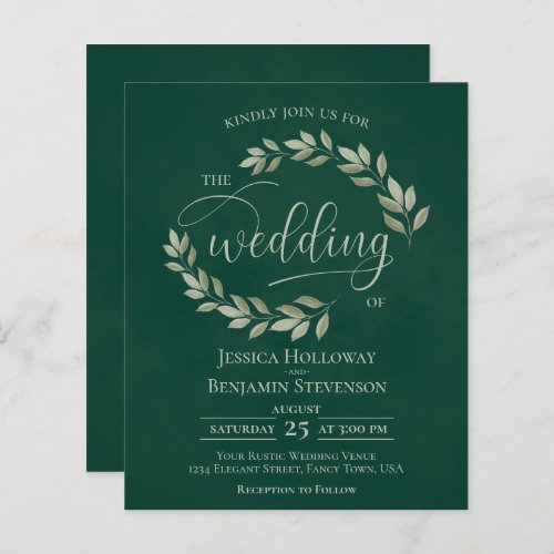 Rustic Leaves Emerald Green BUDGET Wedding Invite