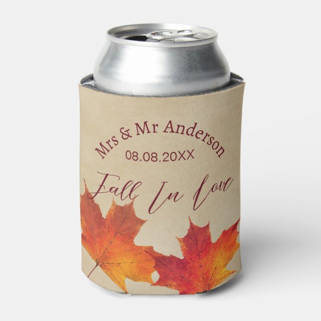 Rustic Leaves Fall in Love Autumn Wedding Favor Can Cooler (Can Front)