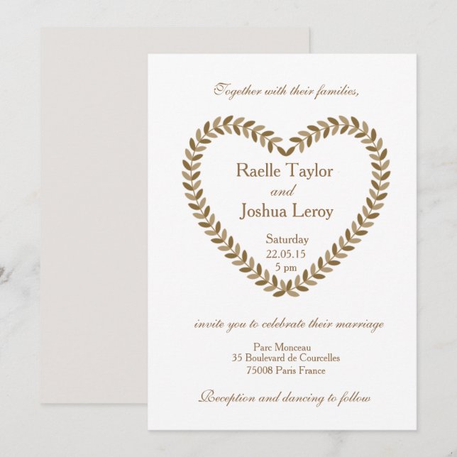 Rustic leaves heart gold white wedding invitation (Front/Back)