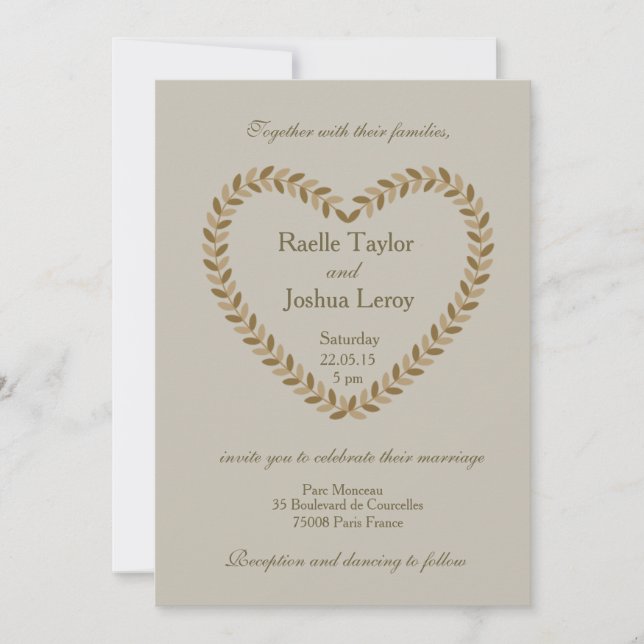 Rustic leaves heart taupe fall wedding invitation (Front)