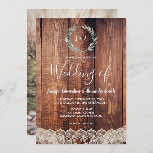 Rustic leaves lace on wood photo wedding invitation