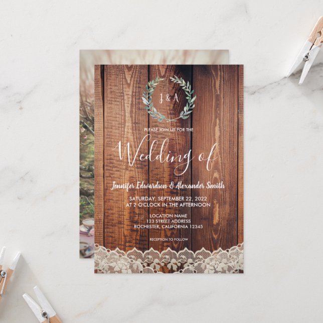 Rustic leaves lace on wood photo wedding invitation (Front/Back In Situ)
