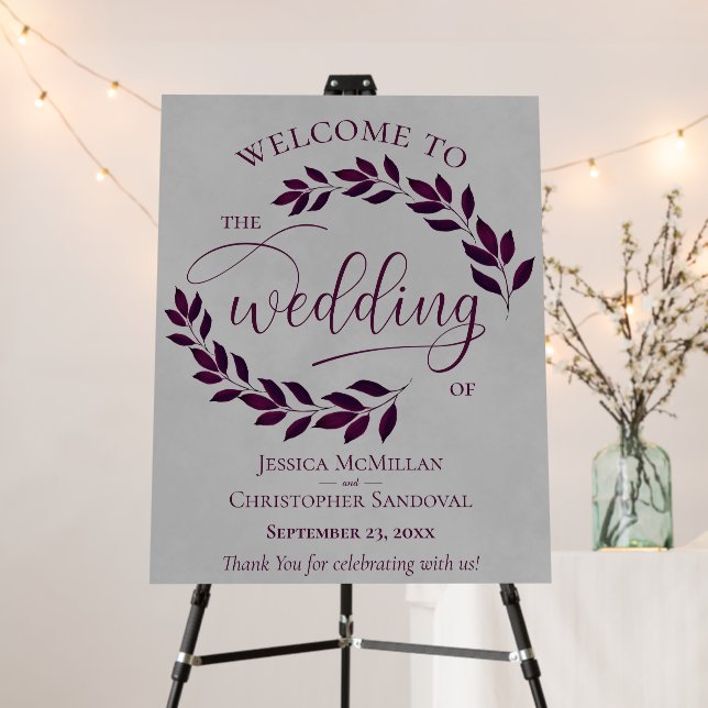 Rustic Leaves Magenta Plum & Gray Wedding Welcome Foam Board (In Situ (Stand))