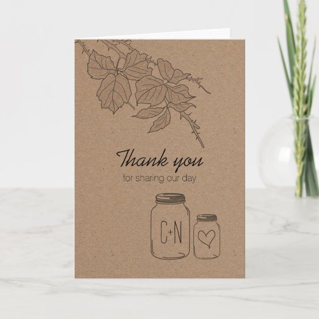 Rustic Leaves | Mason Jar | Heart Thank You Card (Front)