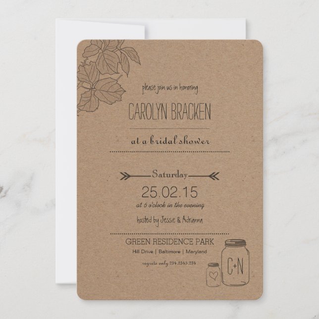 Rustic Leaves| Masonjar | Heart Bridal Shower Invitation (Front)