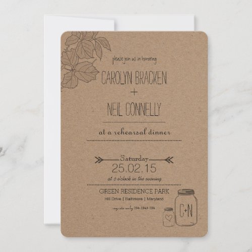 Rustic Leaves| Masonjar | Heart Rehearsal Dinner Custom Invites