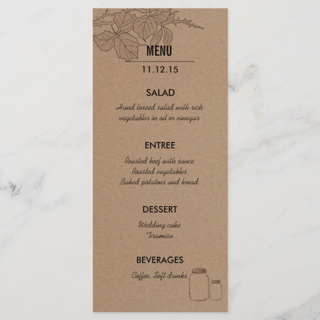 Rustic | Leaves Masonjar | Wedding Menu Rack Card (Front)