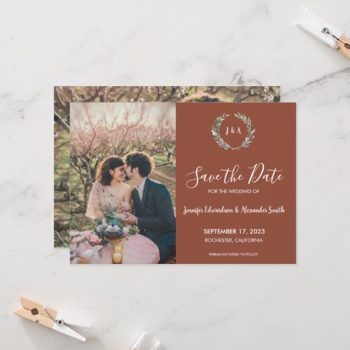 Rustic leaves monogram photo Save the Date Invitation