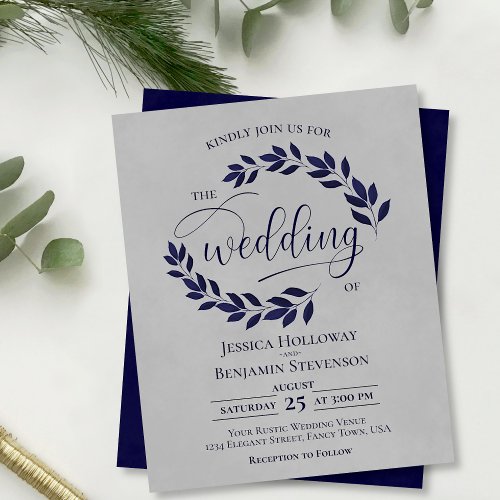 Rustic Leaves Navy Blue Gray BUDGET Wedding Invite
