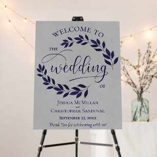 Rustic Leaves Navy Blue & Gray Wedding Welcome Foam Board