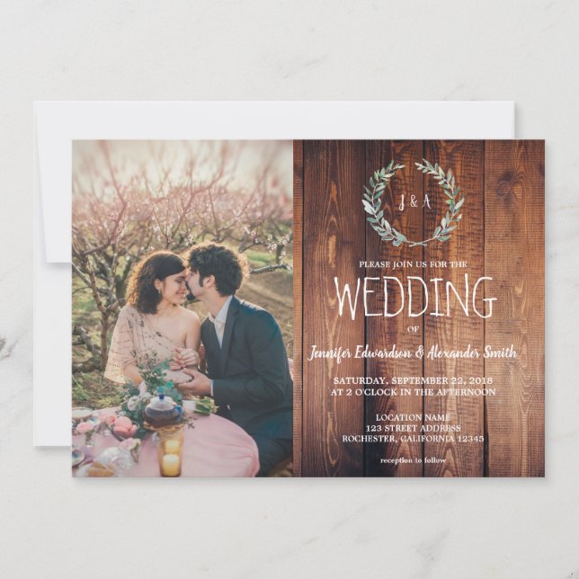 Rustic leaves on barn wood monogram photo Wedding Invitation (Front)