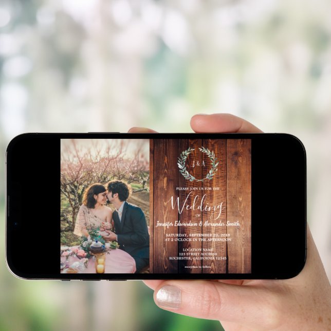 Rustic leaves on barn wood monogram photo Wedding Invitation (Front Digital)