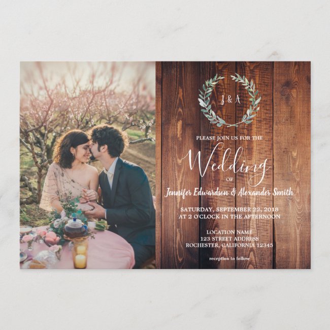 Rustic leaves on barn wood monogram photo Wedding Invitation