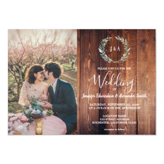Rustic leaves on barn wood monogram photo Wedding Invitation