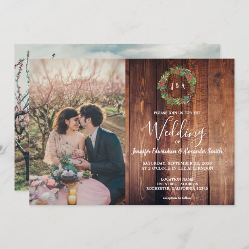 Rustic leaves on barn wood monogram photo Wedding Invitation