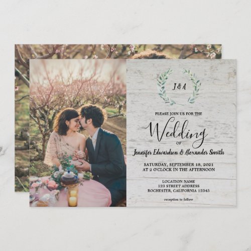 Rustic leaves on barn wood monogram photo Wedding  Invitation