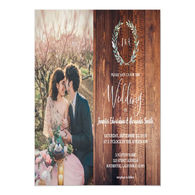 Rustic leaves on barn wood monogram photo Wedding Magnetic Invitation