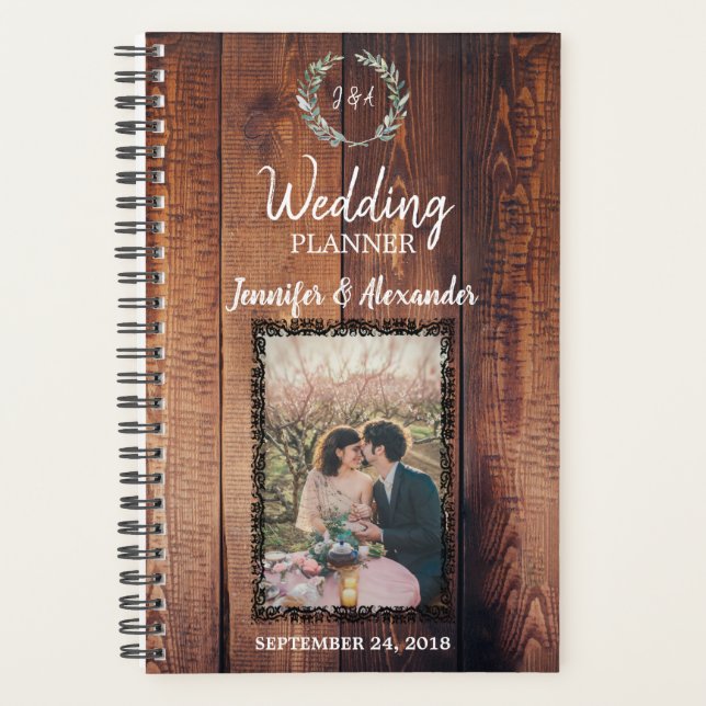 Rustic leaves on barn wood monogram photo Wedding Planner (Front)
