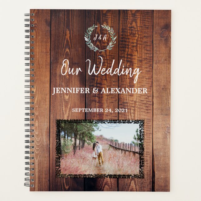 Rustic leaves on barn wood monogram photo Wedding  Planner (Front)