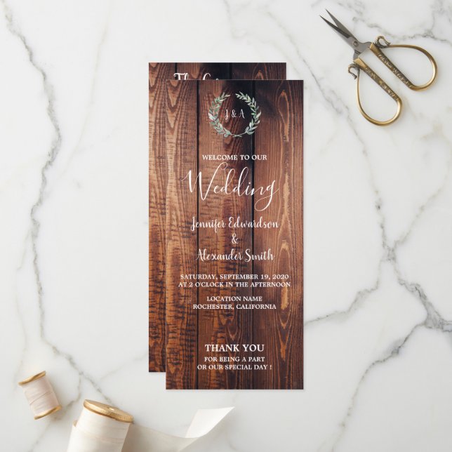 Rustic leaves on barn wood wedding program (Front/Back In Situ)