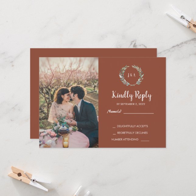 Rustic leaves on wood monogram photo RSVP Wedding Invitation (Front/Back In Situ)