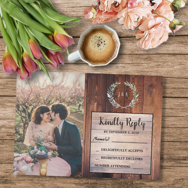 Rustic leaves on wood monogram photo Wedding RSVP Invitation (Rustic leaves on barn wood monogrammed photo Wedding RSVP Invitation.)