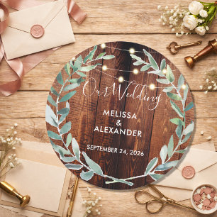 Rustic leaves on wood string lights wedding classic round sticker