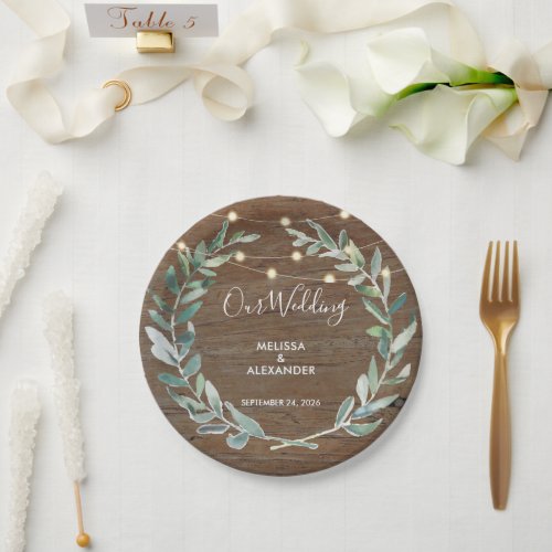 Rustic leaves on wood string lights wedding paper plates