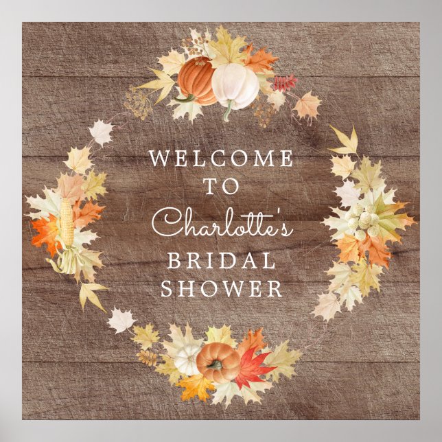 Rustic Leaves Pumpkins Bridal Shower Welcome Poster (Front)