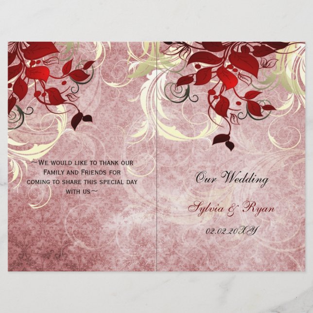 Rustic leaves red winter  bi fold Wedding program (Front)