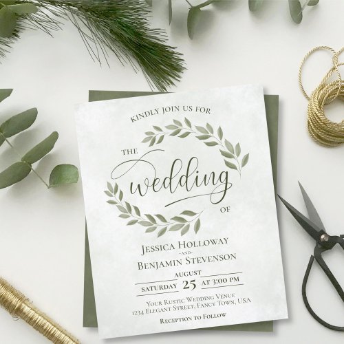 Rustic Leaves Sage Green BUDGET Wedding Invite