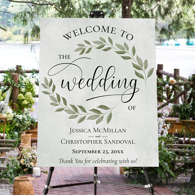 Rustic Leaves Sage & Olive Green Wedding Welcome Foam Board (In Situ on Stand with Decor)