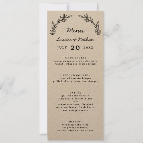 rustic leaves wedding menu invitation
