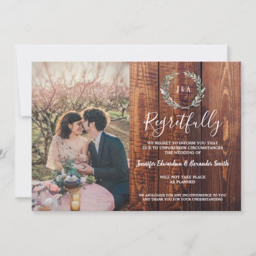 Rustic leaves wood monogram wedding cancellation invitation