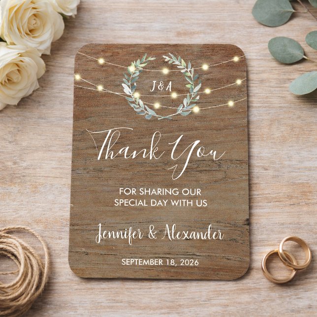 Rustic leaves wood string lights Thank you wedding Magnet (Rustic leaves wood string lights Thank you wedding Magnet. For your perfect rustic wedding.)