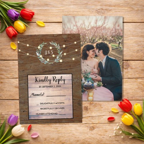 Rustic leaves wood string lights Wedding RSVP  Invitation