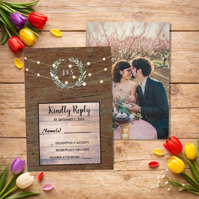 Rustic leaves wood string lights Wedding RSVP  Invitation (Rustic leaves on wood string of lights Wedding RSVP Invitation. For your rustic country wedding.)