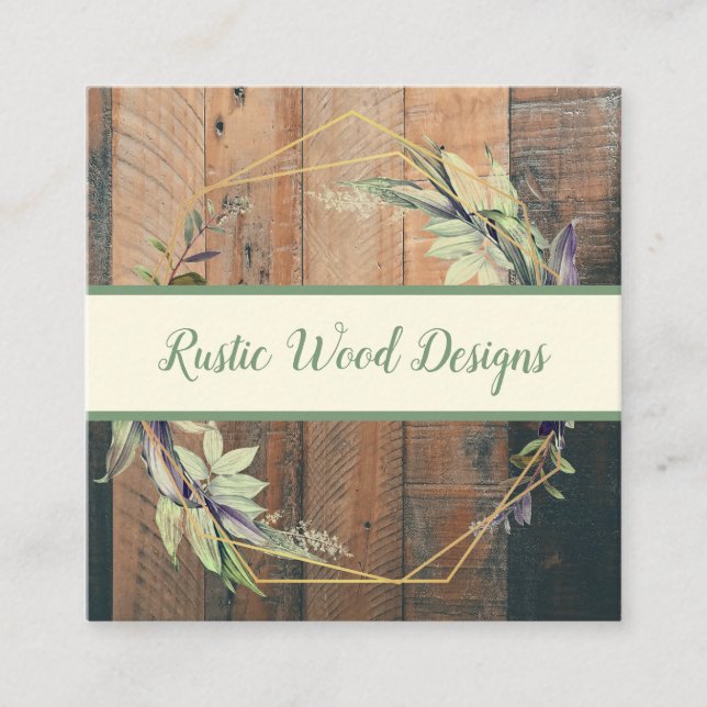 Rustic Leaves Wreath Wood Square Business Card (Front)