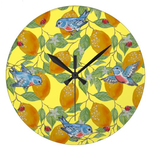 Rustic Lemon & Bluebird Yellow Vintage Pattern Lar Large Clock