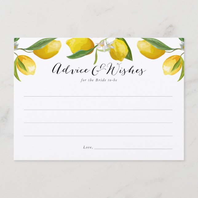 Rustic Lemon Bridal Shower advice and wishes cards (Front)