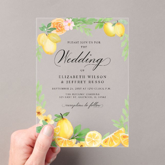 Rustic Lemon Citrus Boho Summer Wedding Acrylic Invitations (Insitu (Handheld))