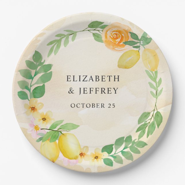 Rustic Lemon Citrus Boho Summer Wedding Paper Plates (Front)