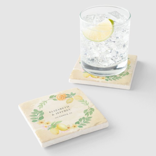 Rustic Lemon Citrus Boho Summer Wedding Stone Coaster (Side)