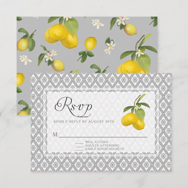 Rustic Lemon Citrus Floral Yellow Gray White RSVP Card (Front/Back)